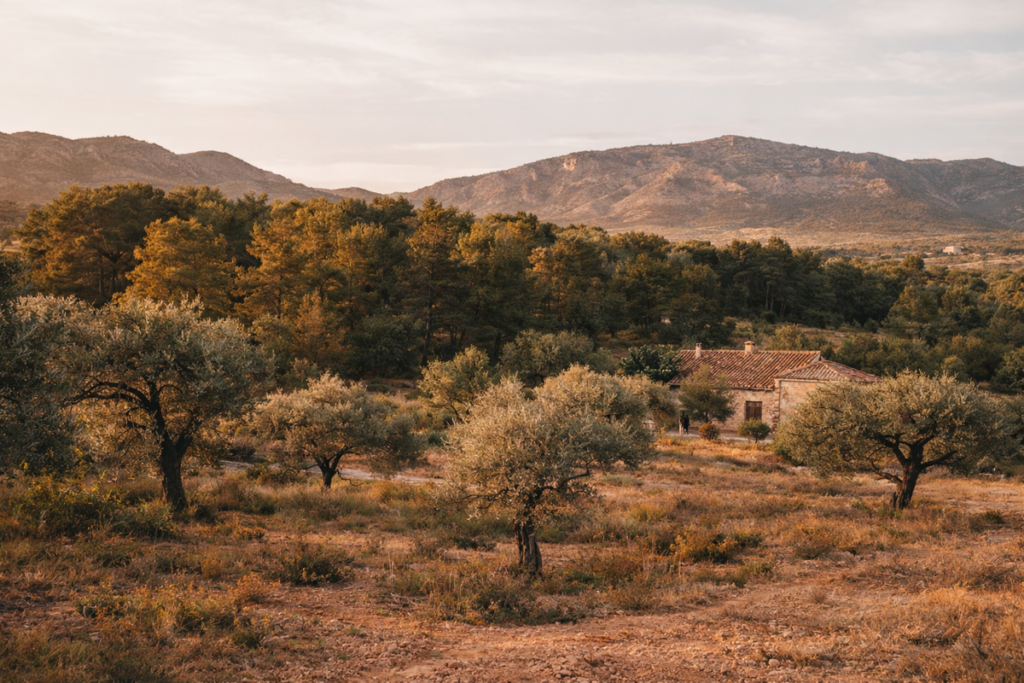 paysage terrain sur montagne avec un coucher du soleil