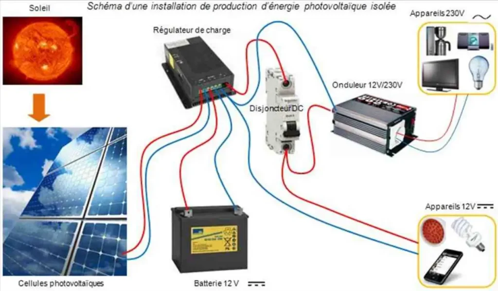 Schéma installation électrique photovoltaïque autonome fait maison .
Eau et Électricité en autonomie